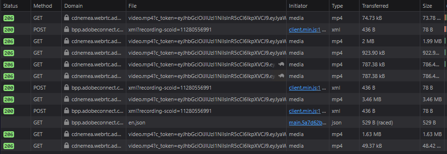 A screenshot of the Network tab in Firefox Developer Tools showing the MP4 video file and VTT captions file being requested by the Adobe Connect recording player