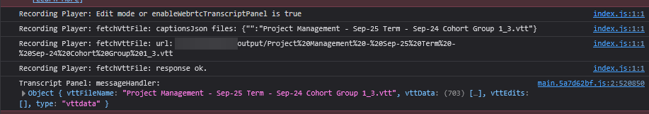 A screenshot of the DevTools Console in Firefox showing lines pertaining to debug logs from the React app about downloading a VTT file for closed caption support