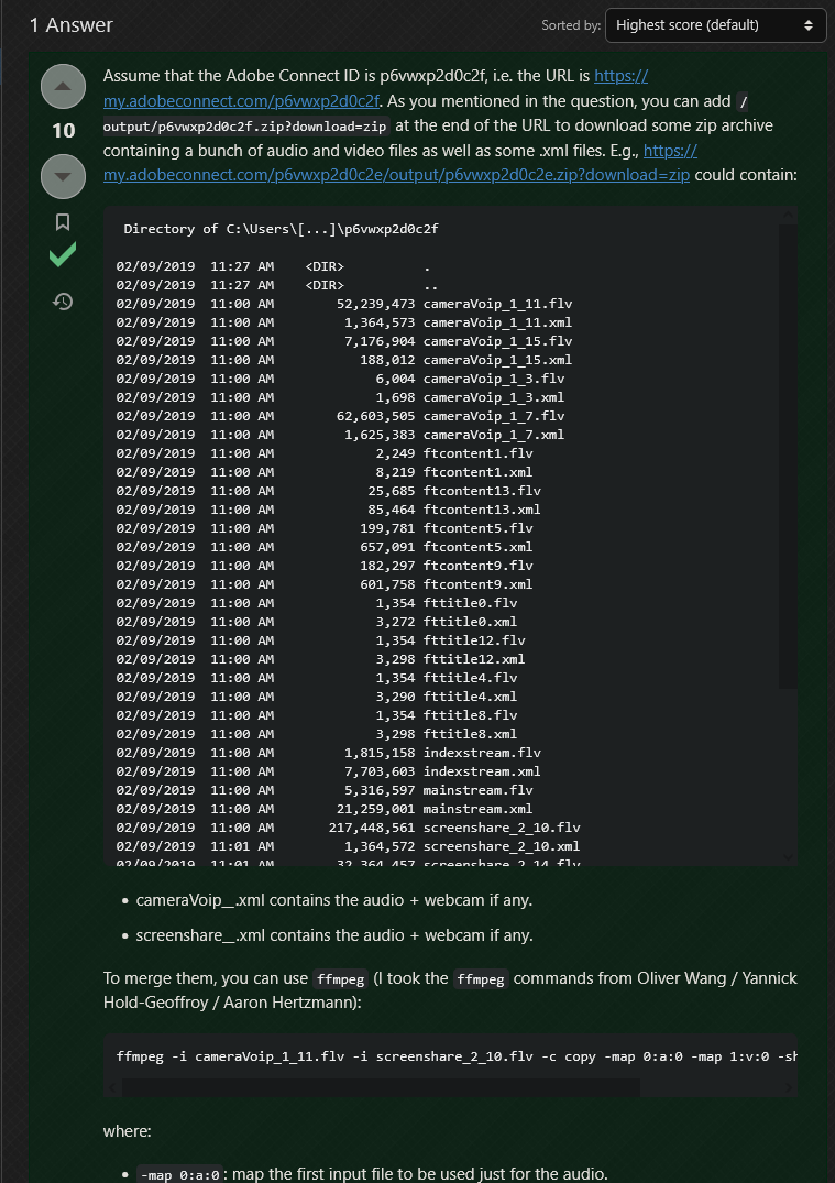 A screenshot of an answer given by Franck Dernoncourt on Superuser regarding how one would go about downloading an Adobe Connect lecture